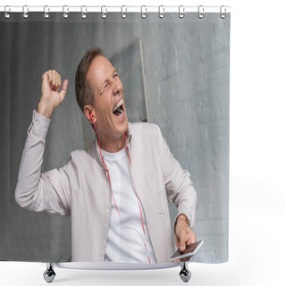 Personality  Exited Man In Earphones Dancing In Living Room Shower Curtains