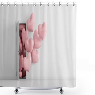 Personality  Heart Shaped Balloons Come Out From The Door In White Room With Copy Space. Valentines Day Concept 3d Render 3d Illustration Shower Curtains