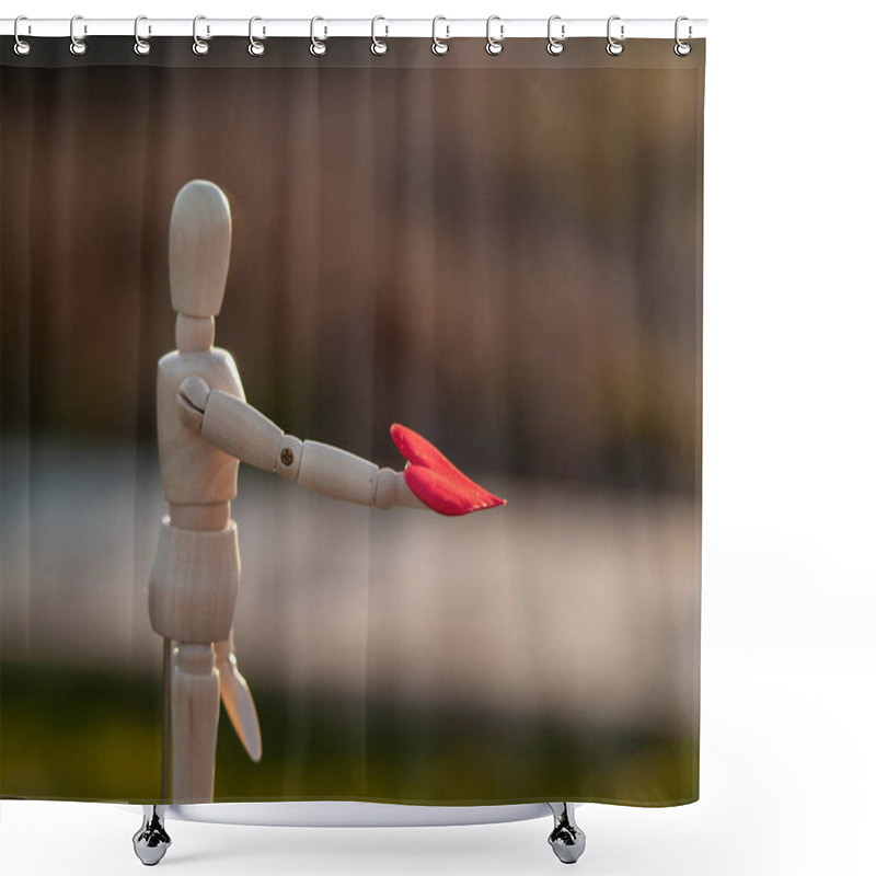 Personality  Wooden Mannequin With A Red Heart On His Hands Concept Of Romanticism And Love Shower Curtains