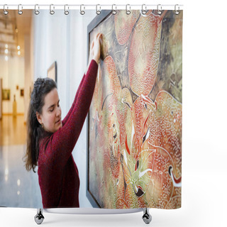 Personality  MINSK, BELARUS - 20 YANUARY, 2018: Blind Woman Touches Hands Tactile Paintings In The Museum Shower Curtains