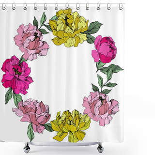 Personality  Vector Pink And Yellow Peony. Floral Botanical Flower. Engraved Ink Art. Frame Border Ornament Square. Shower Curtains
