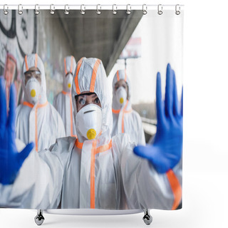Personality  People With Protective Suits And Respirators Outdoors, Coronavirus Concept. Shower Curtains