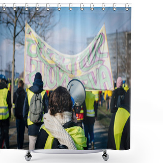 Personality  Woman Yelling On Megaphone Protest France Shower Curtains