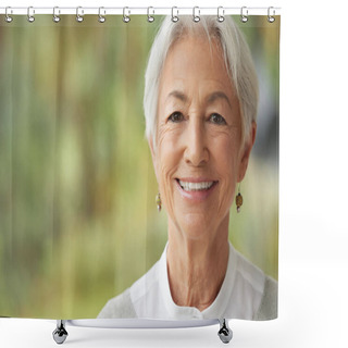 Personality  Smiling Senior Woman With Copy Space On The Side. Portrait Of A Beautiful Confident Elderly Female With Grey Hair. Face Of A Happy Pensioner Enjoying Retirement. Relaxed Wise Lady Feeling Optimistic. Shower Curtains