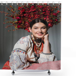 Personality  Portrait Of Happy Ukrainian Woman In Traditional Clothing And Floral Red Wreath Isolated On Grey Shower Curtains
