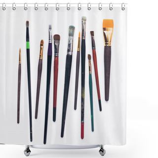 Personality  Close-up View Of Various Professional Paint Brushes Isolated On White Shower Curtains