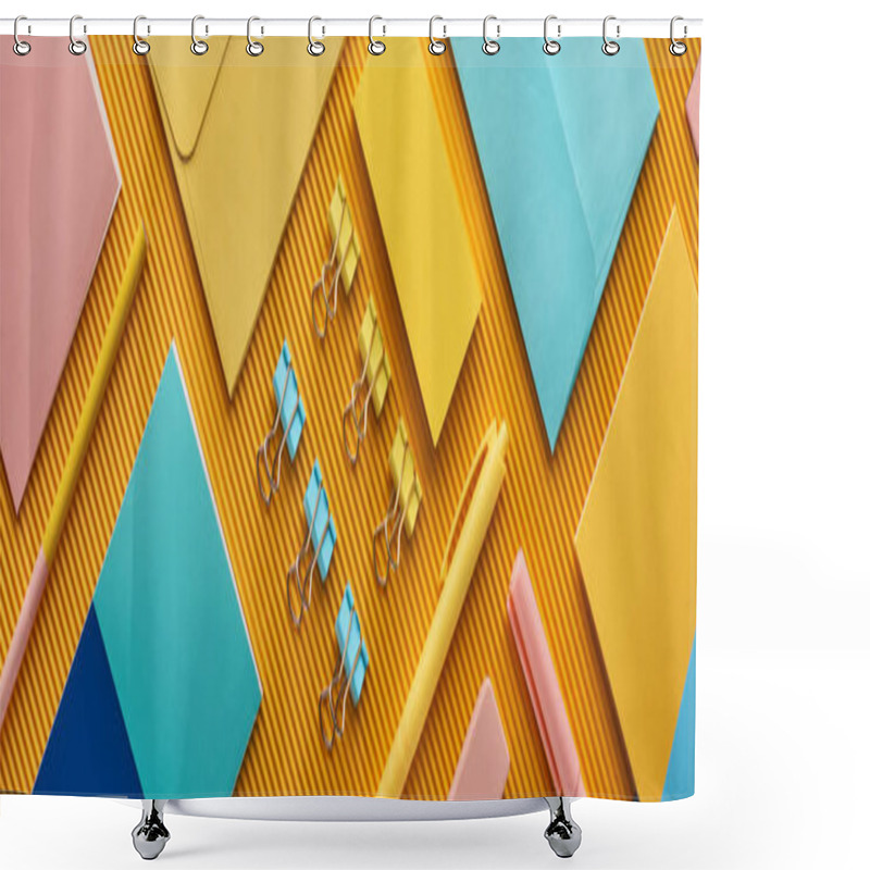 Personality  panoramic shot of colorful arranged office stationery supplies on yellow shower curtains
