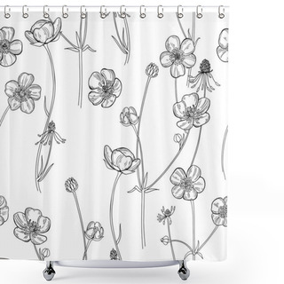 Personality  Buttercups. Flowering Wildflowers. Vector. Black And White Illustration. Nature Background. Shower Curtains