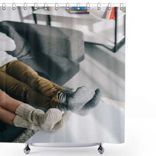 Personality  Cropped Shot Of Couple In Woolen Socks Relaxing On Couch At Home Shower Curtains