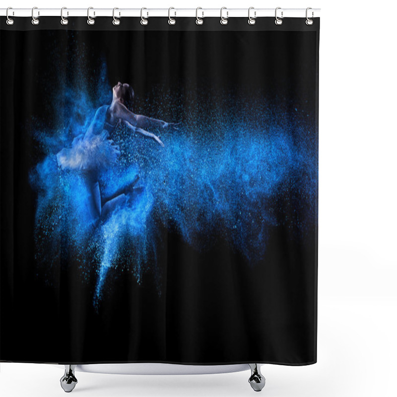 Personality  Young beautiful dancer jumping into blue powder cloud shower curtains