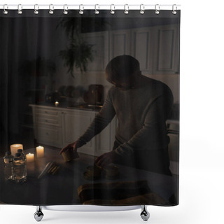Personality  Man Holding Canned Food Near Bottled Water And Candles In Kitchen During Power Blackout Shower Curtains
