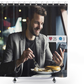 Personality  Happy Man Using Social Media On His Smartphone In A Cafe Shower Curtains