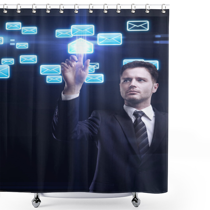 Personality  Young Business Man Pressing A Envelope Touchscreen Button Shower Curtains