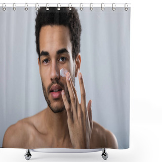 Personality  Young African American Man Applies Moisturizer On His Face. Male Skin Care. Shower Curtains