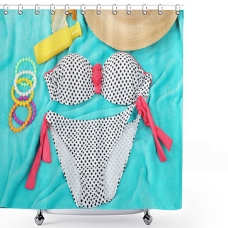 Personality  Swimsuit And Beach Items On Bright Blue Background Shower Curtains