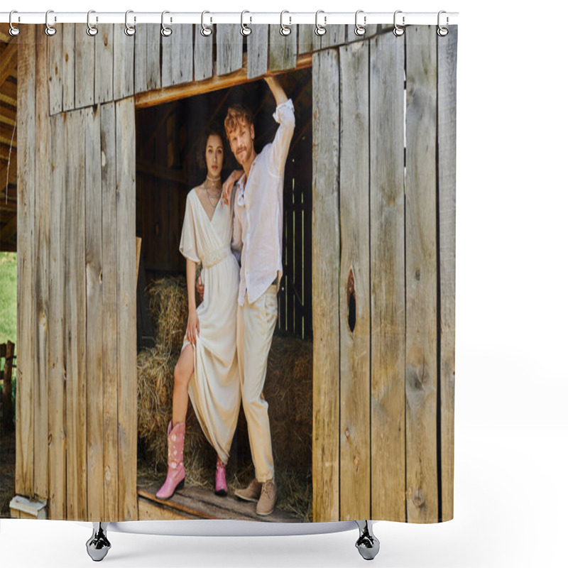 Personality  Stylish Newlyweds, Pretty Asian Bride In Cowboy Boots And White Dress Standing With Groom In Barn Shower Curtains