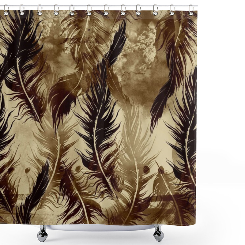 Personality  abstract watercolor and digital hand drawn seamless pattern with imprints of flying bird feathers  shower curtains