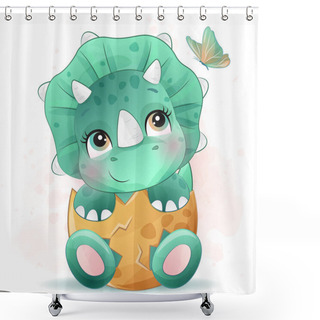 Personality  Cute Little Dinosaur With Watercolor Illustration Shower Curtains