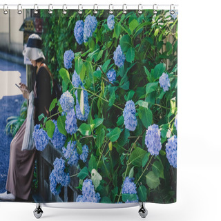 Personality  Blue Hydrangea And Fresh Green Shower Curtains