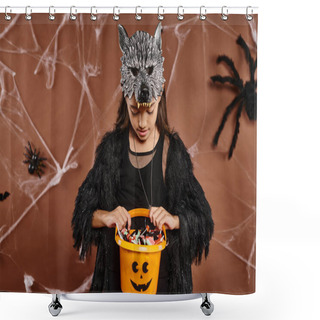 Personality  Close Up Preteen Girl Looking At Her Bucket Of Sweets On Brown Backdrop With Spider Web, Halloween Shower Curtains