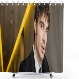 Personality  Portrait Of Good Looking And Young Groom In Black Formal Wear With While Shirt And Tie Looking At Camera While Standing In Corridor Of Modern Hotel On Wedding Day, Banner  Shower Curtains