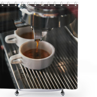 Personality  Close-up View Of Coffee Maker And Two Cups With Espresso   Shower Curtains