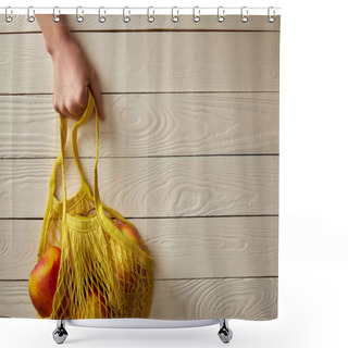 Personality  Cropped View Of Female Hand With String Bag Full Of Rape Apples On White Wooden Surface, Zero Waste Concept Shower Curtains