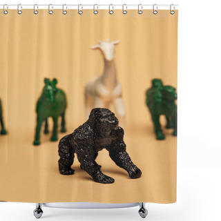Personality  Selective Focus Of Gorilla With Colored Toy Animals On Yellow Background, Extinction Of Animals Concept Shower Curtains