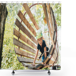 Personality  Adorable Happy Boy Enjoying Activity In Climbing Adventure Park On Sunny Day Shower Curtains