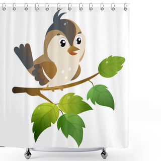 Personality  Sparrow. Color Image Of Cartoon Bird On Branch On White Background. Vector Illustration For Kids. Shower Curtains