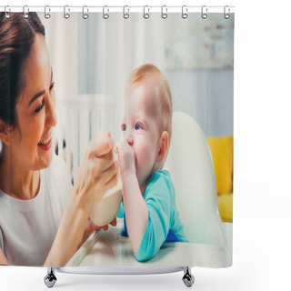 Personality  Cheerful Mother Smiling While Feeding Infant Son  Shower Curtains