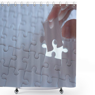 Personality  Last Piece Of White Plain Jigsaw Holding By Hand, Step Of Success Concept Shower Curtains
