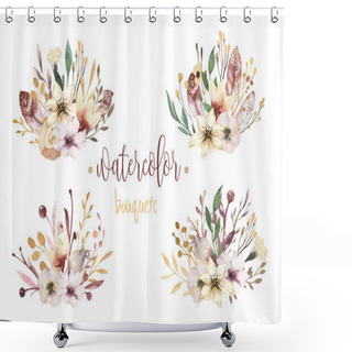 Personality  Boho Set Vintage Watercolor Elements Of Flowers, Garden And Wild Flowers, Leaves, Branches Flowers, Illustration Isolated, Bird And Feathers, Bohenian Bouquets Shower Curtains