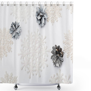 Personality  Top View Of Winter Snowflakes And Cones On White Background Shower Curtains