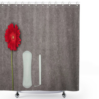 Personality  Top View Of Arrangement Of Red Flower, Menstrual Pad And Tampon On Grey Surface Shower Curtains