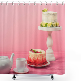 Personality  Cakes Decorated With Currants, Mint Leaves And Lime Slices Near Cup And Tea Pot On Wooden Surface Isolated On Pink Shower Curtains