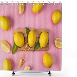 Personality  Top View Of Fresh Yellow Lemons On Wooden Board With Little Ladder On Pink Background  Shower Curtains