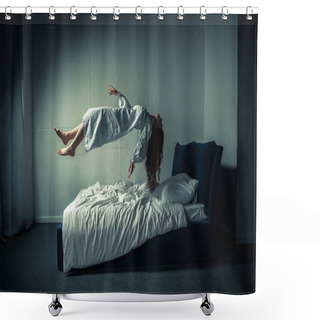 Personality  Creepy Woman In Nightgown Sleeping And Levitating Over Bed Shower Curtains