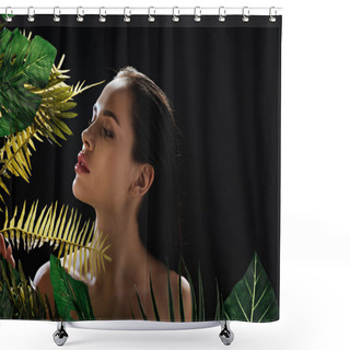 Personality  Beautiful Woman Near Green Leaves Isolated On Black Shower Curtains