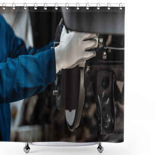 Personality  Cropped View Of Mechanic Installing Brake Pad On Disk Brakes Shower Curtains