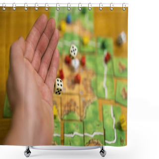 Personality  Hand Throws The Dice On The Background Of Colorful Blurred Fantasy Board Games, Gaming Moments In Dynamics. Selected Focus. Shower Curtains