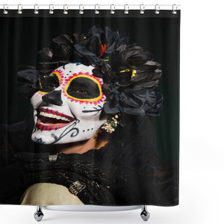 Personality  Cheerful Woman With Santa Muerte Makeup Touching Skull On Dark Green Background  Shower Curtains