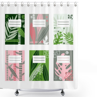 Personality  Pages With Leaves Template Design For Notebooks And Sketchpad. Scribble Vector Collage. Hand Drawn Illustration With Palm Leaf, Bamboo And Different Geometry Shapes For Funky Designs. Shower Curtains