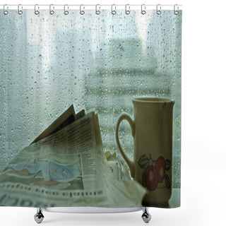 Personality  Cup Of Coffee With Newspaper In Dark Room With Rain Outside Shower Curtains