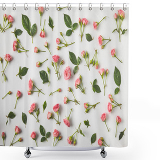 Personality  Top View Of Background From Beautiful Pink Roses And Green Leaves On Grey  Shower Curtains