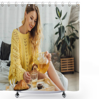 Personality  Beautiful Smiling Girl In Knitted Sweater Sitting And Pouring Tea In Cup During Breakfast In Bedroom Shower Curtains