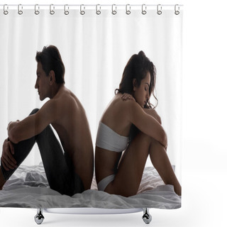 Personality  Beautiful Offended Couple Sitting Back To Back On White Bed Shower Curtains