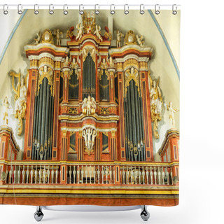 Personality  HOEXTER, GERMANY - Apr 04, 2021: A Magnificent Large Church Organ With Many Pipes And Registers In Golden And Brown Color Shower Curtains