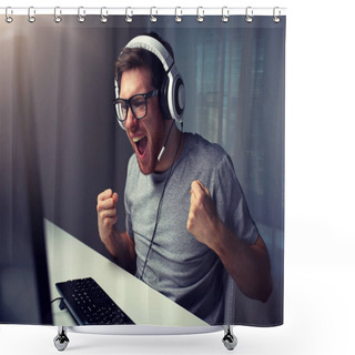 Personality  Man In Headset Playing Computer Video Game At Home Shower Curtains