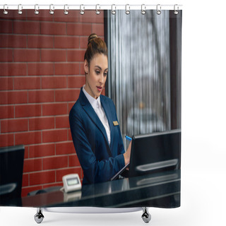 Personality  Young Hotel Receptionist Using Computer At Workplace Shower Curtains